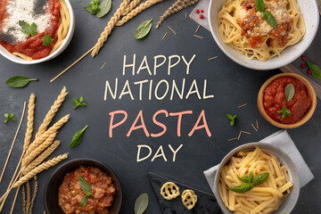 Playful illustration for Happy National Pasta Day featuring diverse pasta bowls, basil, tomatoes, and wheat accents—celebrating culinary variety and festive joy.   generative ai