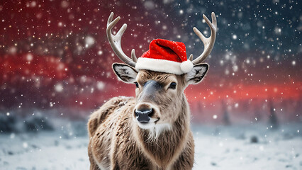 Festive Reindeer in Snowy Landscape with Santa Hat – Magical Winter Scene for Christmas and Holiday Celebrations