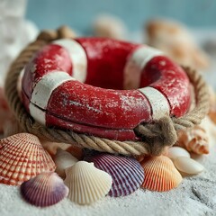 Red lifebuoy with natural shell decor picture