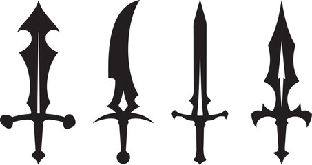 Four Stylized Black Sword Silhouettes on White Background weapon blade
