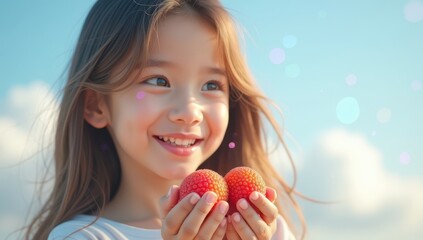 The girl looks into the camera and smiles against the background of the clouds, holding a Litchi in her hands.