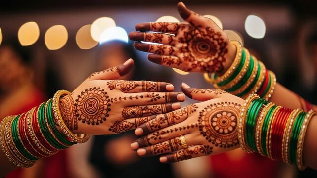 Hands with henna, showcasing intricate designs and traditional bangles, capture the essence of a mehndi ceremony. Mehndi ceremony features complex henna patterns that adorn bride's hands,