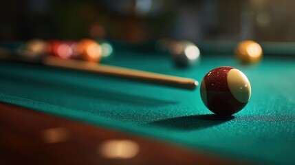 The Billiard's Focus: A detailed perspective of a billiards table, showcasing a colorful billiards ball, cue stick, and balls at the cusp of an engaging game of billiards.