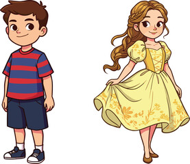 Cartoon children standing, striped shirt boy, floral dress girl, casual and princess style, character design, white background, stock illustration