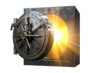 Classic Bank Vault Door Opened Showing Bright Light Inside