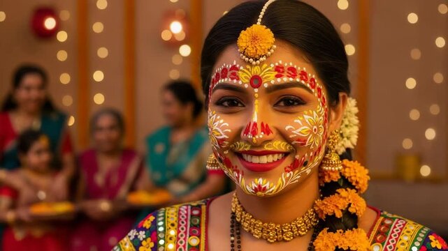Smiling Haldi ceremony bride with traditional face markings and vibrant attire, expressing joy and anticipation.