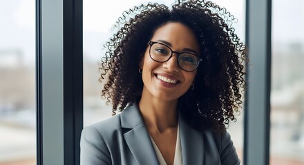 Confident woman with curly dark hair in business attire, smiling neara  window, professional portrait