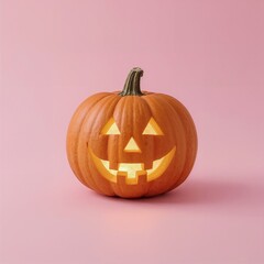 Brightly lit Halloween pumpkin with a smiling face on a pink background
