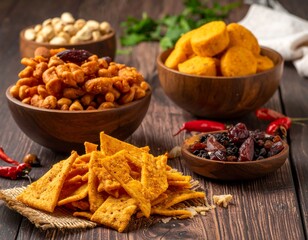 Assorted snacks in wooden bowls on a dark wooden table
