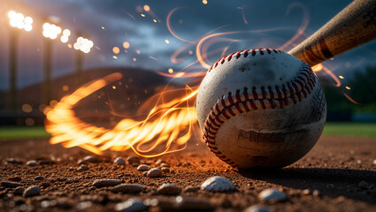 Baseball with blurred motion and a trail of fire flying towards a worn wooden baseball bat, illuminated by mystical lighting effects floodlights generative AI