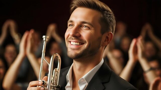 Handsome musician with trumpet smiles amid applause, enjoying standing ovation after amazing concert. Performing musician with trumpet enjoys audience praise, captivated by atmosphere.