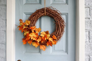 Autumn wreath with orange leaves hanging on blue wooden front door outdoors. Concept of fall decoration. Easy Fall Wreaths for Beginners
