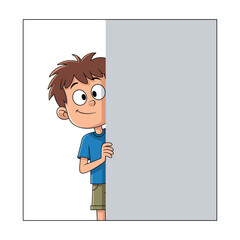 Curious cartoon boy peeking from behind a blank gray sign with a cheerful expression