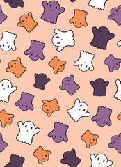 Cute ghost seamless repeat pattern. Swee, lovely halloween aop, all over surface pattern on beige background.