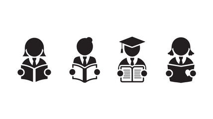 Set of student icons reading books vector glyph design for education and learning concepts isolated on white background