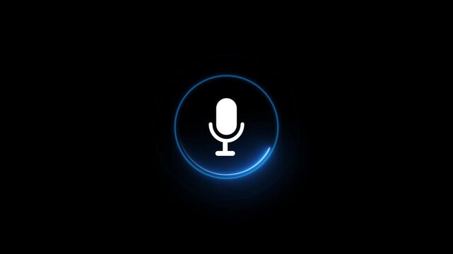 White color radio wave and voice recording podcast mic microphone button icon animation. Audio microphone icon animation. cyan color microphone button icon on black background