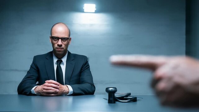 A man in a suit sits at a table in a dim interrogation room, hands folded, while a finger points at him and a gavel rests nearby.