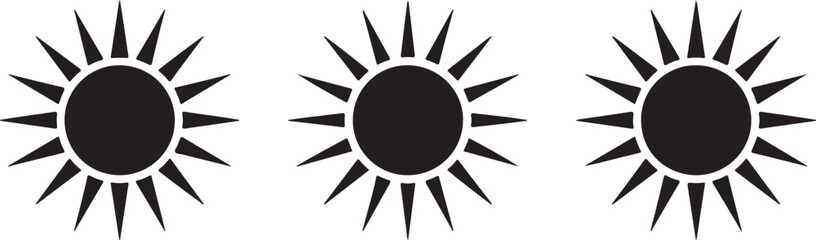 Three stylized black sun icons with sharp rays arranged in a row symbol graphic