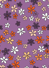 Cute, hand draw, retro floral seamless repeat pattern. Random placed, vector vintage botanical aop, all over surface print on lilac background.