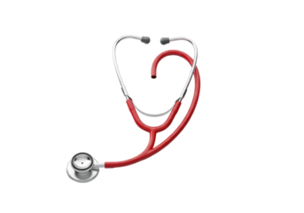 Meticulously arranged vibrant red and silver medical stethoscope forming a heart shape on a transparent background with copy space, subtle shadows, concept of cardiology and care