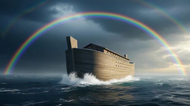 Noah's ark sailing on water with vibrant rainbow after flood. Noah's ark is presented beautifully, sailing on water and representing new beginnings and hope after storm.