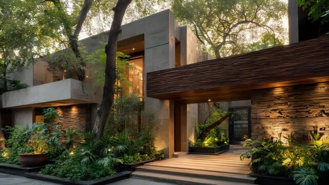 Contemporary architecture featuring smooth walls, wooden textures decorated garden with lush greenery, illuminated by sunlight