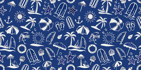 Seamless pattern of hand drawn beach and summer vacation icons on a dark blue background