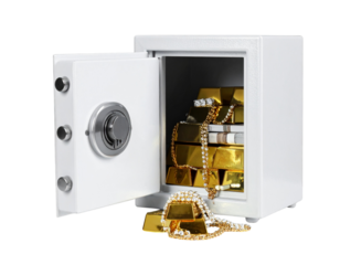 Open Safe Deposit Box with Gold Bars and Documents