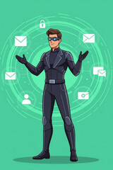 Dynamic cybersecurity expert mastering digital communication and data security with futuristic interface elements