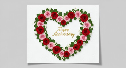 An anniversary card with a heart-shaped wreath of roses and greenery, with Happy Anniversary in gold script at the center