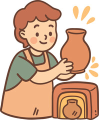 Cute kawaii doodle vector illustration of a ceramic artist boy holding a handmade clay jug before placing it into the pottery kiln for firing. Cozy pastel colors, warm cartoon style.