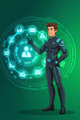Dynamic tech professional interacting with futuristic digital interface, showcasing data and connectivity for modern business solutions.