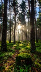Sunlight streams through misty forest (5)