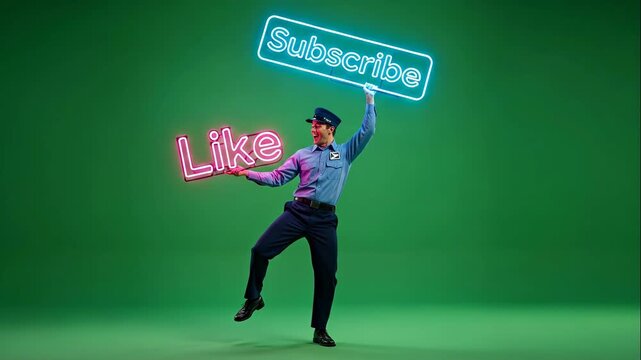 Cheerful Mailman Promoting Online Engagement - A lively mailman is posing enthusiastically against a green background, holding a neon sign that says "Subscribe" in blue with one hand and a pink neon