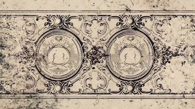 Ornate vintage plaster ceiling featuring two circular baroque medallions and intricate scrollwork on a stained beige surface.