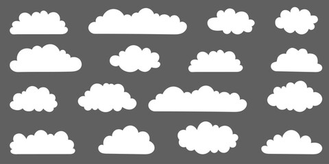A collection of white cloud illustrations on a gray background. Vector set of cartoon clouds in flat design. Cloud icon set.
