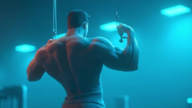 Muscular man seen from behind in a dim gym with blue lighting, emphasizing broad shoulders and a sculpted back.