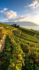 Vineyard hillside at sunset over lake