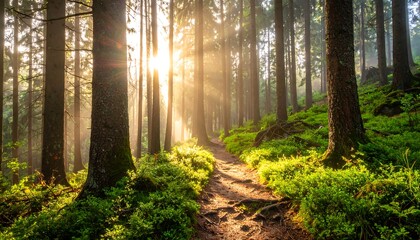 Sunbeams through a misty forest path
