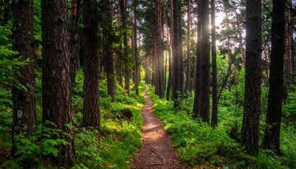 Sunlight path through a pine forest