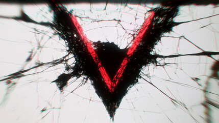 Striking visual featuring bold red V shape surrounded by web like black texture, creating dramatic and intense atmosphere