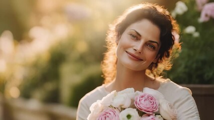 A smiling woman holding a bouquet of pink and white roses in a sunlit outdoor garden. - Powered by Adobe