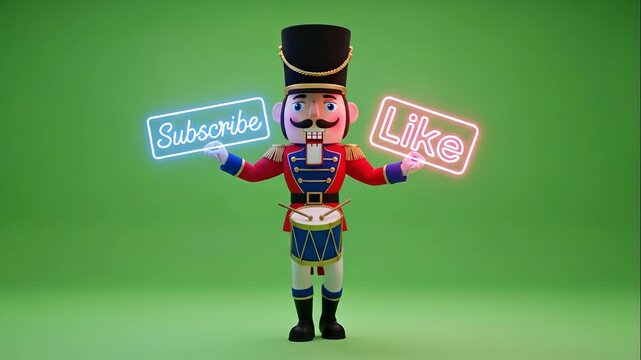 Nutcracker Drummer Mascot with Neon Signs - A cheerful nutcracker drummer mascot stands against a bright green background.