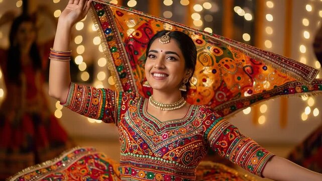 Smiling woman dancing, celebrating Navratri, performing Garba. Navratri festival celebration includes colorful traditional chaniya choli attire and joyous movements,