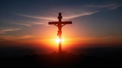Silhouette of Jesus on cross against setting sun. Jesus Christ depicted in silhouette on calvary, backlit by rising sun, evoking themes of sacrifice and redemption.