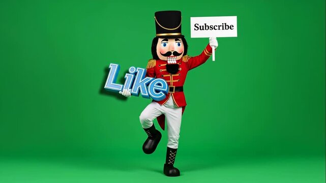 Nutcracker Mascot Promoting Engagement - A cheerful nutcracker mascot stands against a vibrant green background, holding a large "Subscribe" sign in one hand and displaying a colorful "Like" text