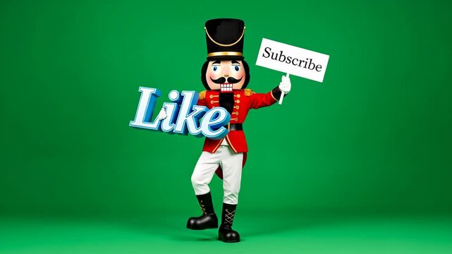 Nutcracker Mascot Promoting Engagement - A cheerful nutcracker mascot stands against a vibrant green background, holding a sign that says "Subscribe" in one hand and a large "Like" graphic in the