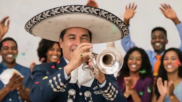Charro playing trumpet for fiesta celebration with diverse group, creating festive atmosphere. Charro musician with bright sombrero leading party with trumpet music, bringing joy and excitement.