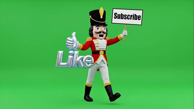 Nutcracker Mascot Promoting Subscription and Likes - A colorful 3D nutcracker mascot stands against a bright green background, cheerfully promoting engagement.
