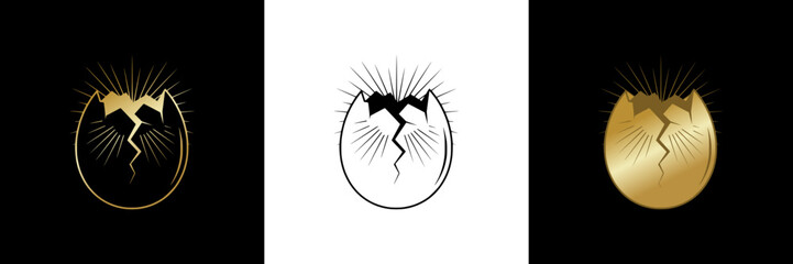 Obraz premium Cracked egg designs in black, white, and gold, Easter, isolated vector image, on transparent and black backgrounds, card design, T-shirt print 